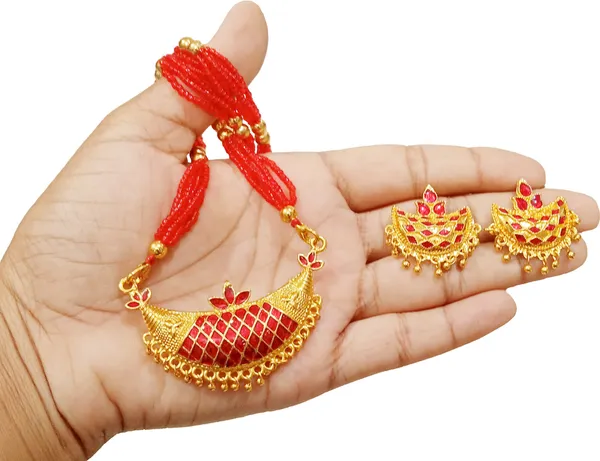 Assamese_Traditional_Gold_Plated_Red_Colour_Joonbiri_Tassel_Jewellery_Set_For_Women
